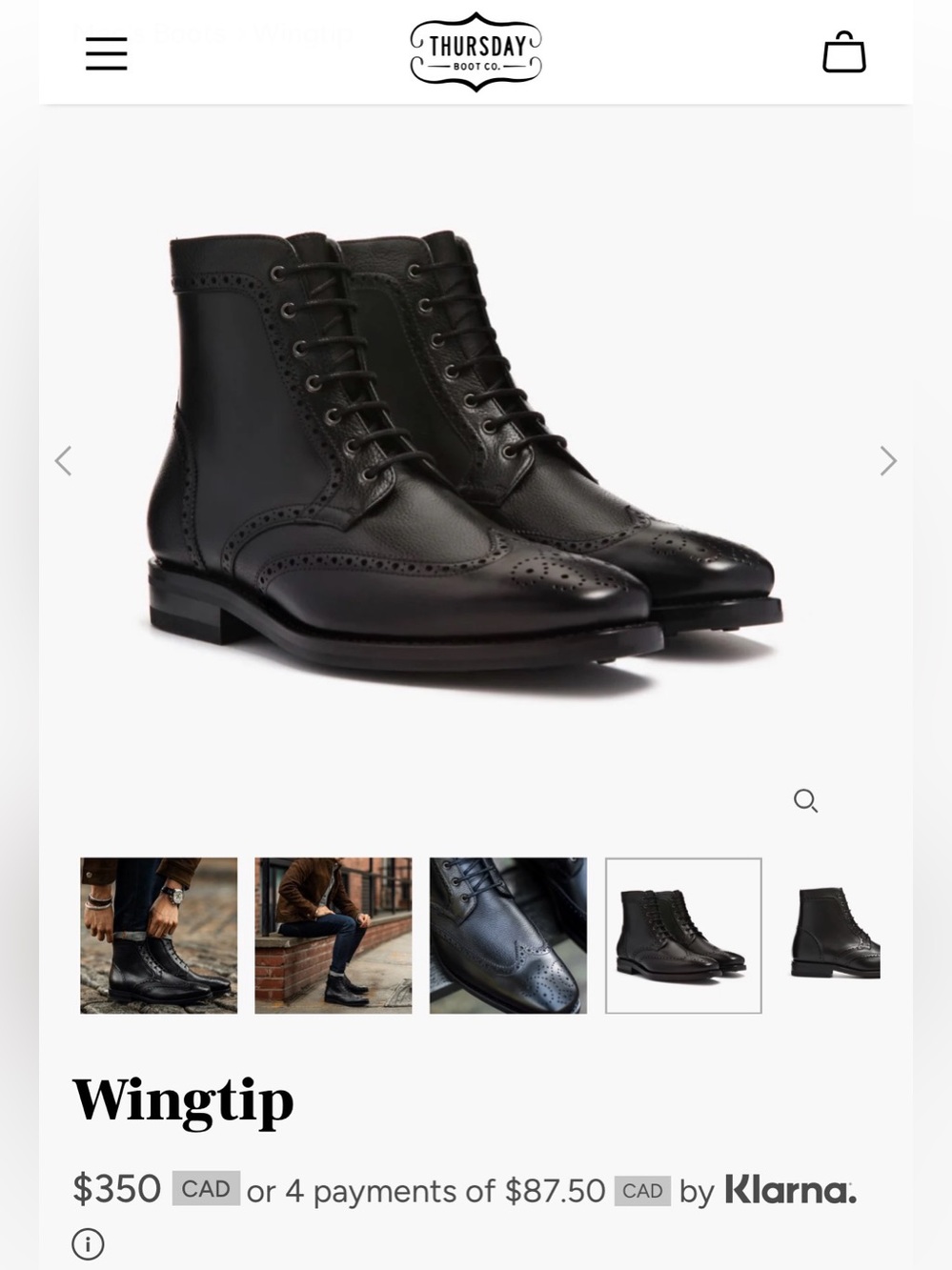 Thursday Boots Black Leather Wingtips US M9.5 $350 Retail